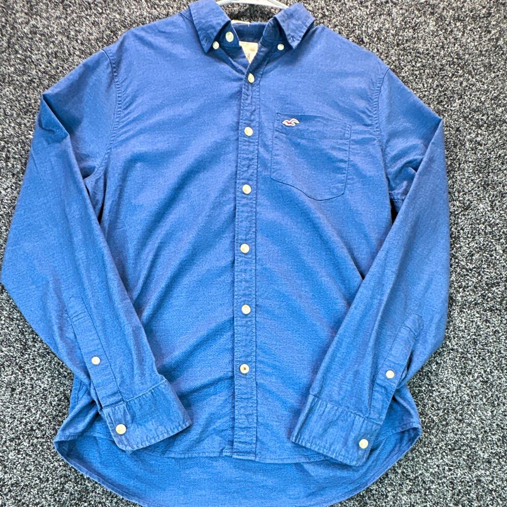 Hollister Men's L Blue Solid Woven Cotton Stretch L/S Button-Down Button-Up